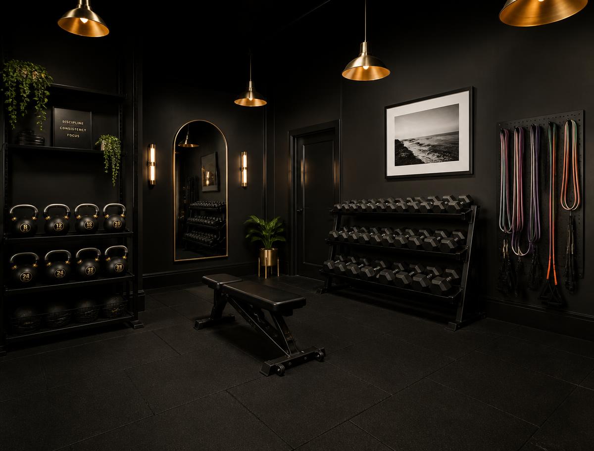 Fitness room with kettlebells, a dumbbell rack, resistance bands and a bench under gold pendant lights