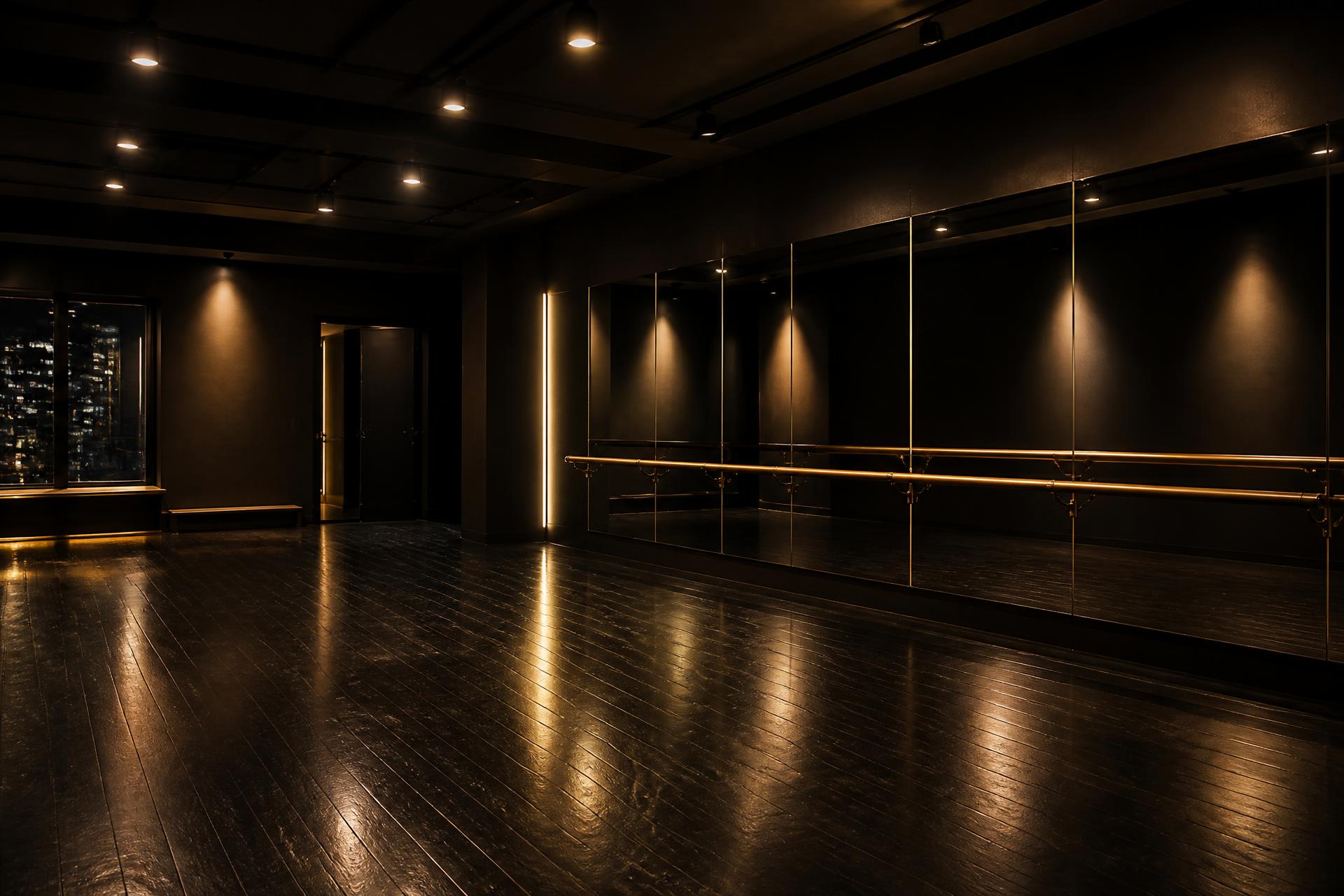 Empty dance studio at night with a mirrored wall, brass barre and gold spotlights over a dark wood floor
